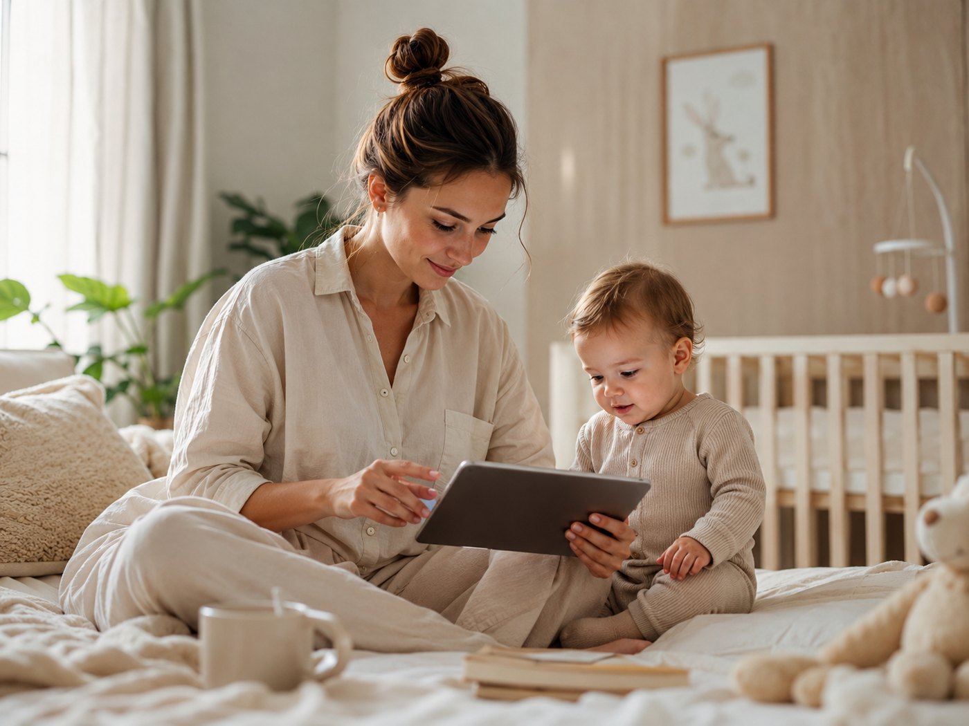 Une mère et son bébé assis sur un lit, regardant ensemble une tablette numérique.