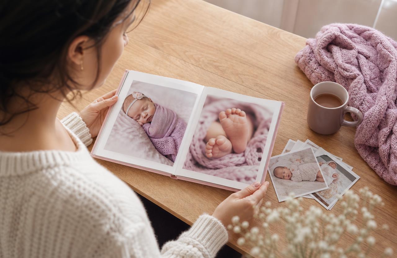Les mains d'une grand-mère écrivant une note manuscrite à côté de tirages photo de bébé.
