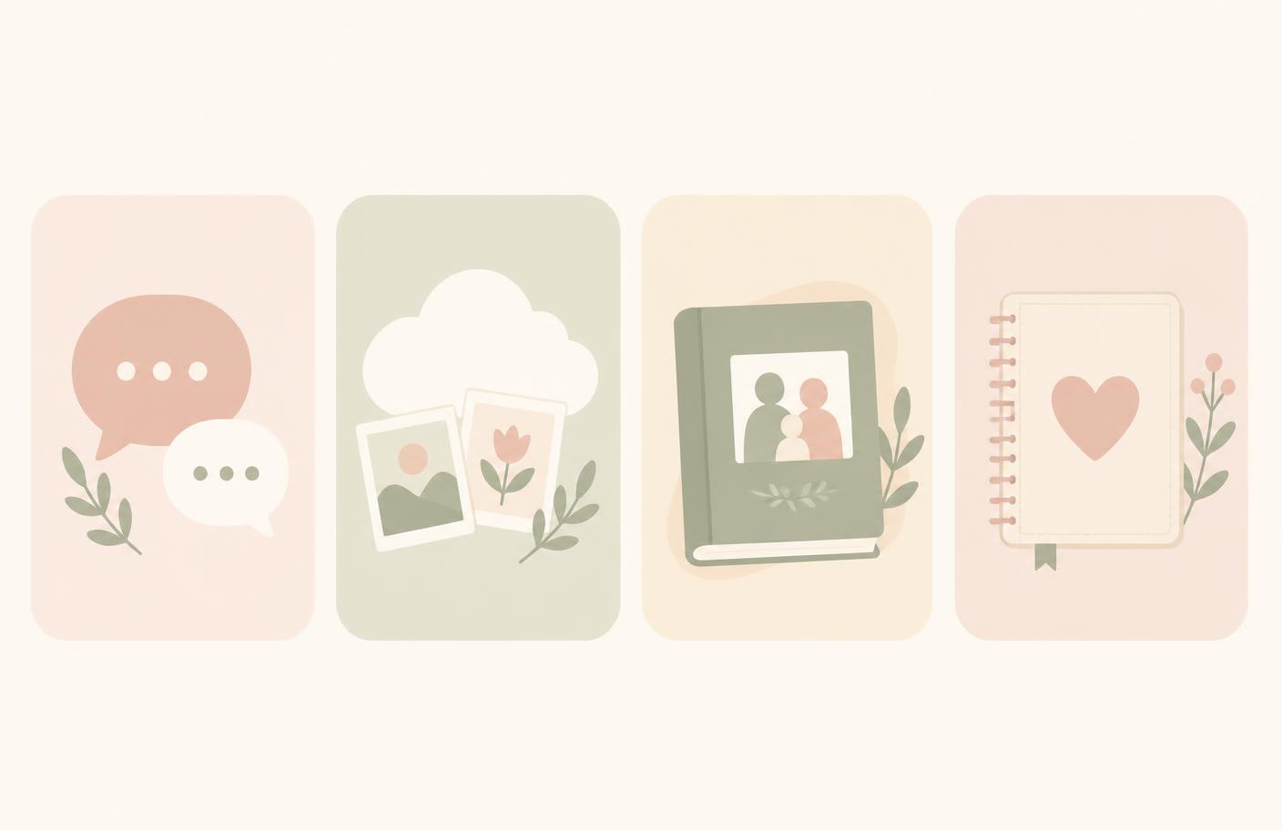 Illustration des quatre familles de solutions : messagerie, photothèque cloud, album familial et journal de vie numérique.