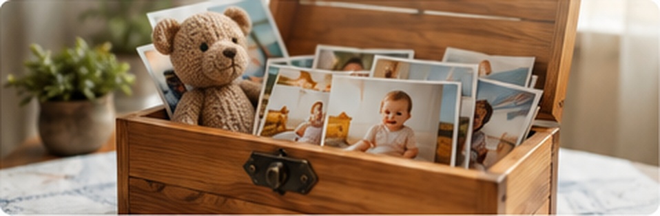 Une boîte en bois remplie de photos imprimées de bébé, avec un ours en peluche.