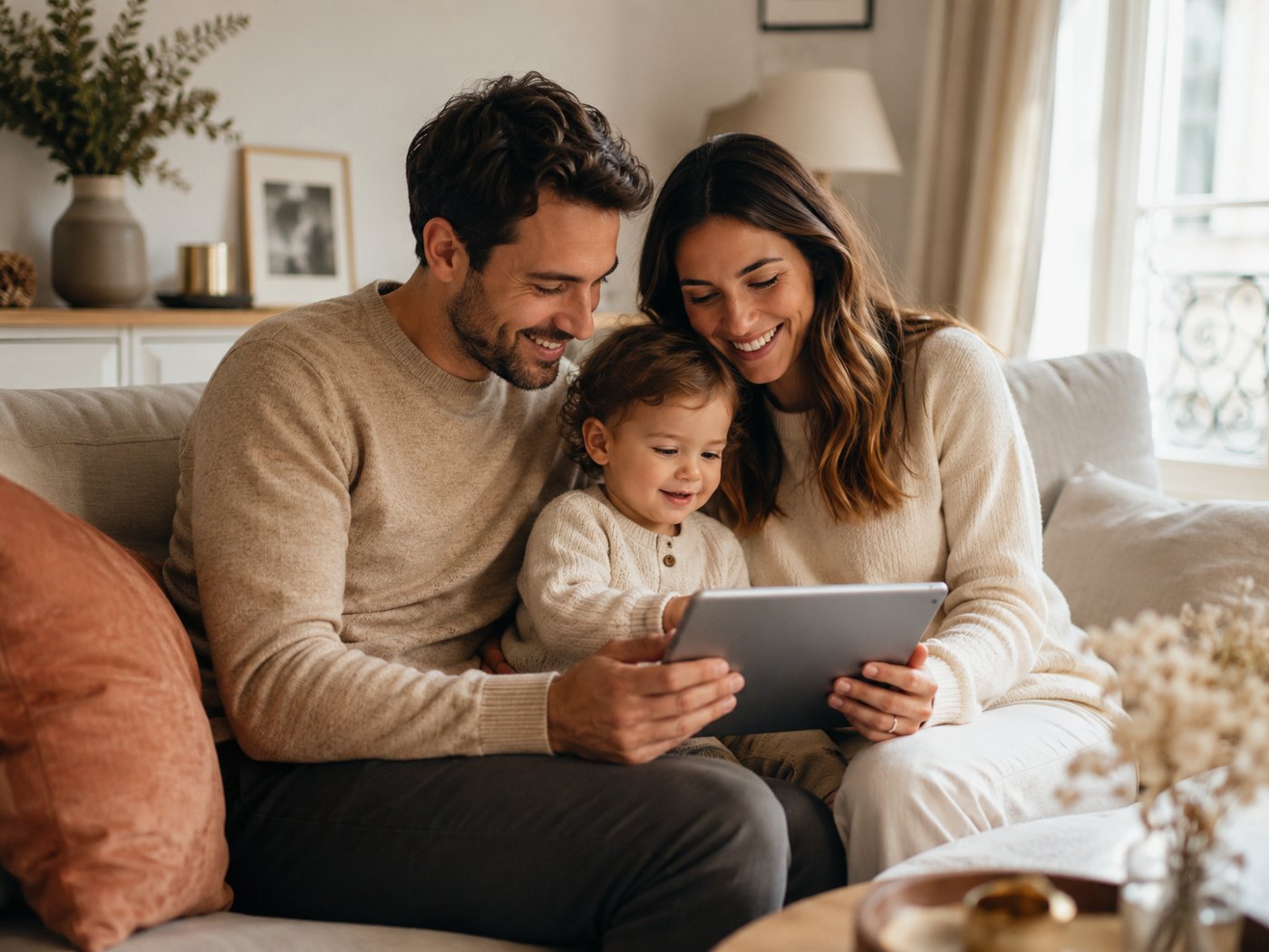 Des parents et leur enfant regardent ensemble une tablette, assis sur un canapé.