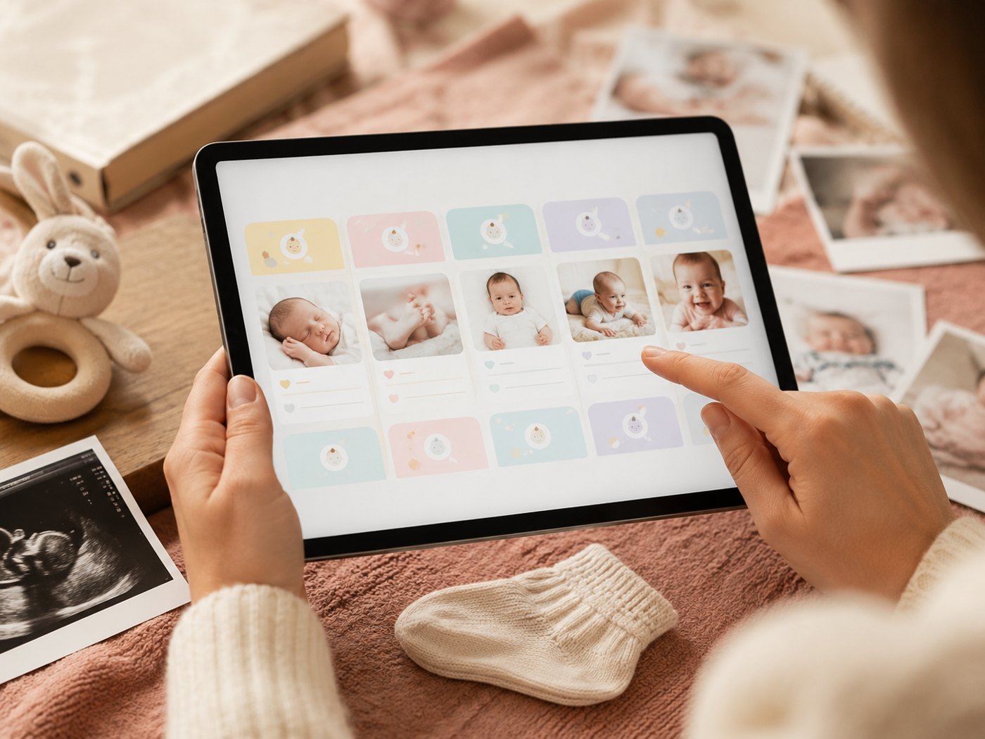 Une personne organise des photos de bébé sur une tablette, entourée de photos imprimées et d'objets de bébé.