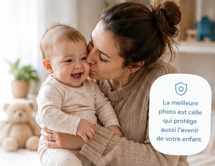 Une mère embrasse son bébé souriant, avec la phrase « La meilleure photo est celle qui protège aussi l'avenir de votre enfant ».
