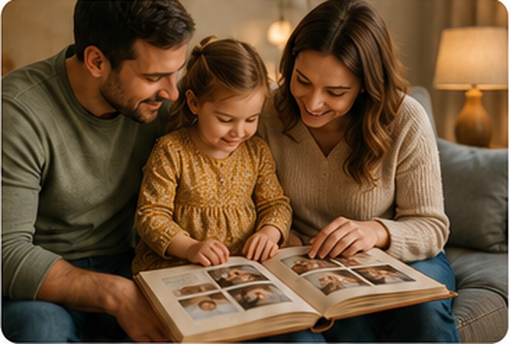 Une famille regarde ensemble un album photo sur un canapé.