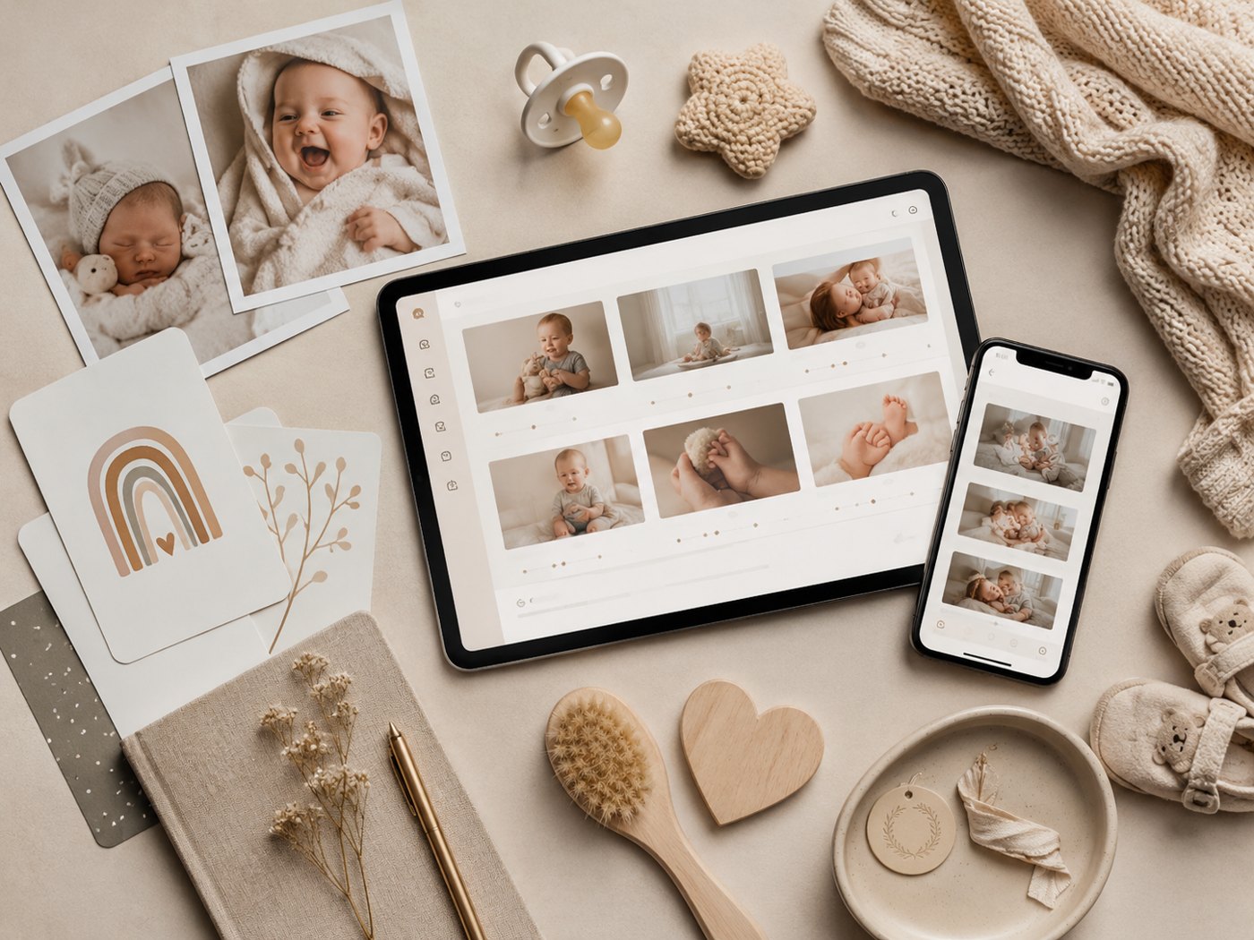 Une tablette et un smartphone affichant des photos de bébé, entourés de photos imprimées, d'une tétine, d'un jouet en crochet et de chaussons.