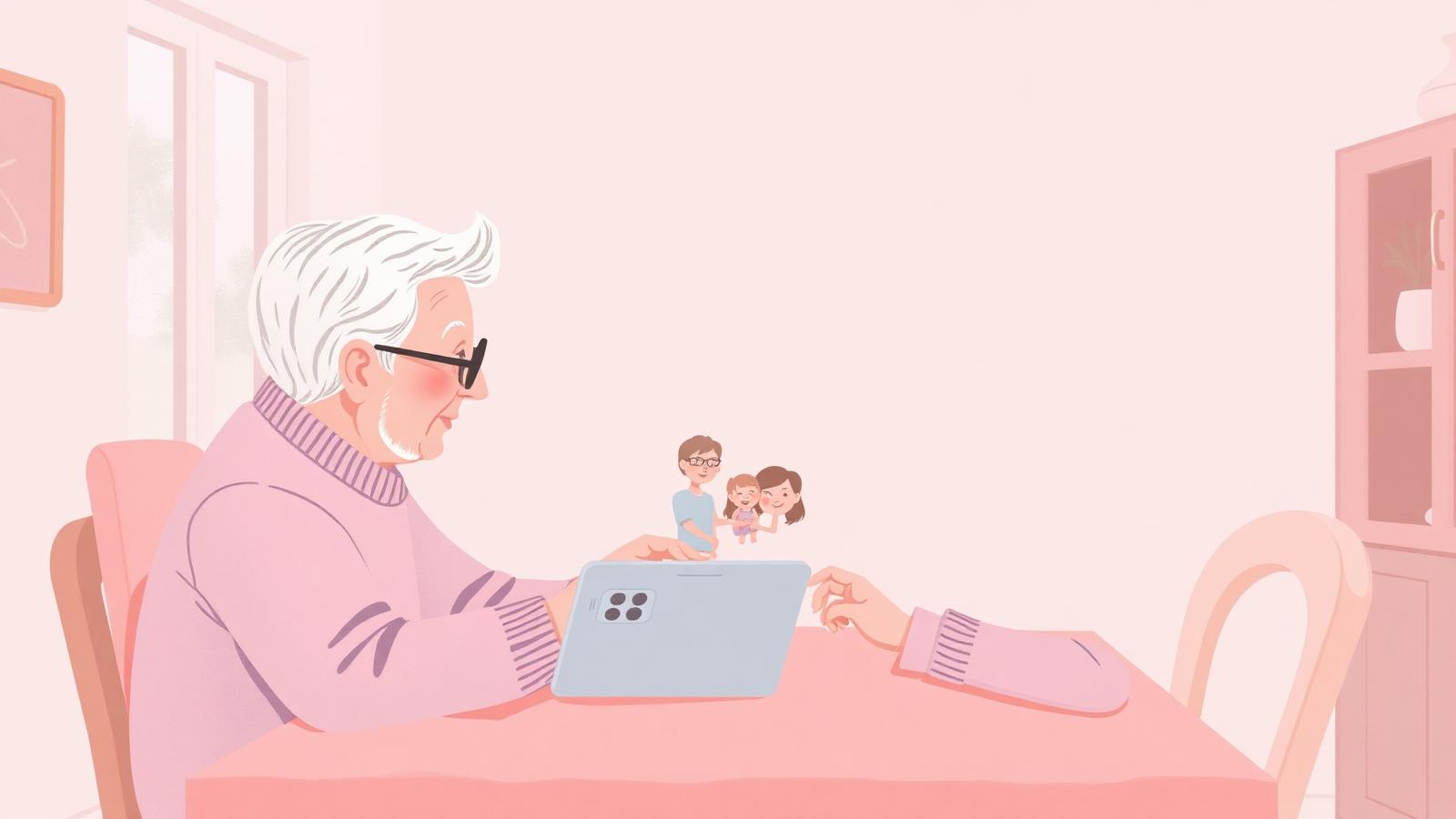 Un grand-père en appel vidéo avec de jeunes parents, une tablette posée sur la table de la cuisine.