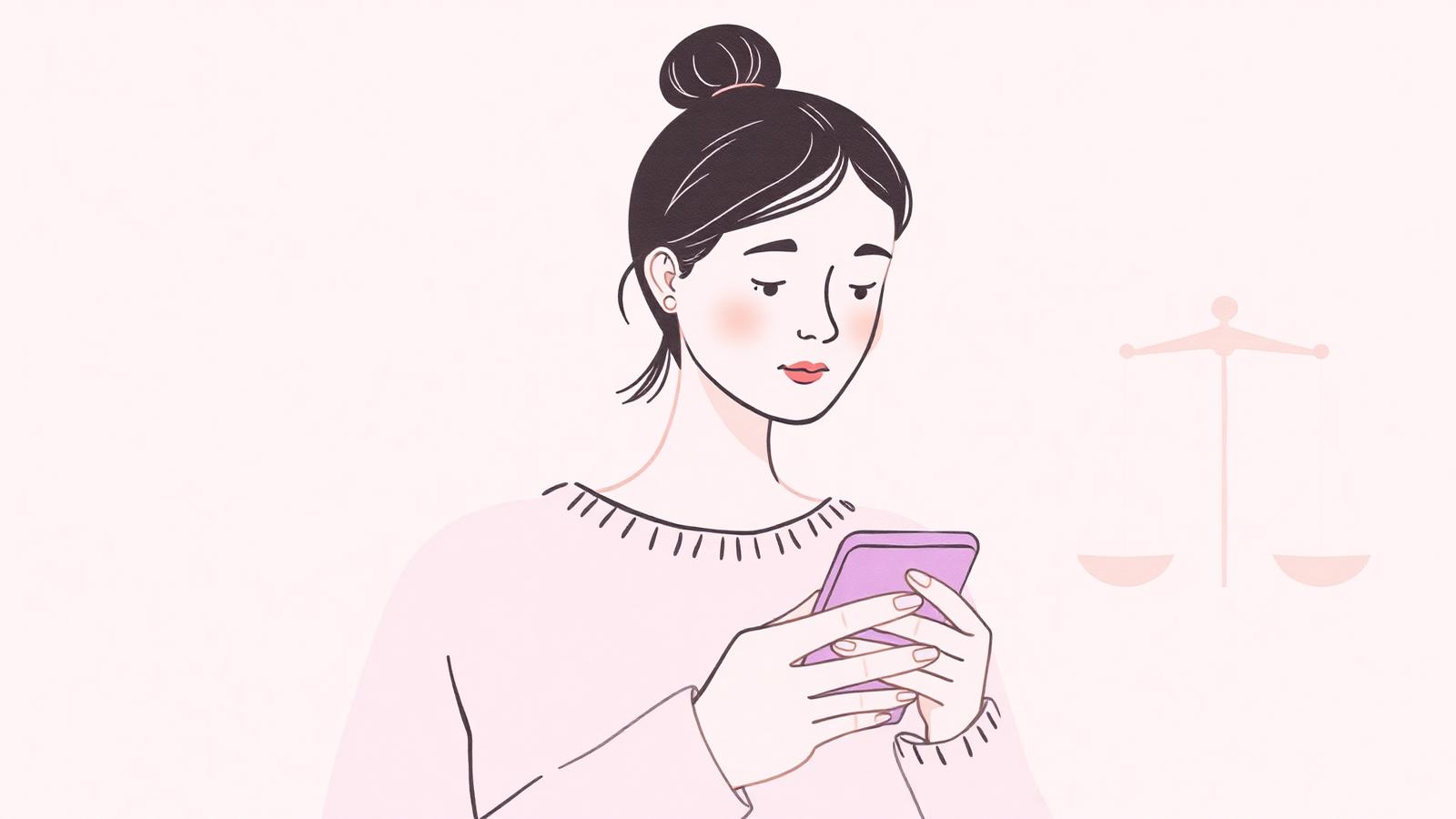 Illustration d'un parent qui hésite avant de publier une photo, smartphone à la main.