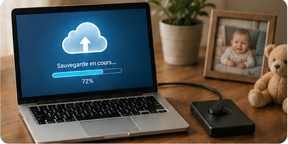 Un ordinateur portable affiche une sauvegarde cloud en cours à 72 %, à côté d'un disque dur externe et d'un cadre photo de bébé.