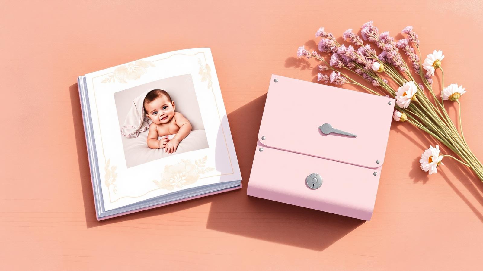 Un album photo imprimé et une pochette souvenir fermée posés sur une table, à côté de fleurs séchées.