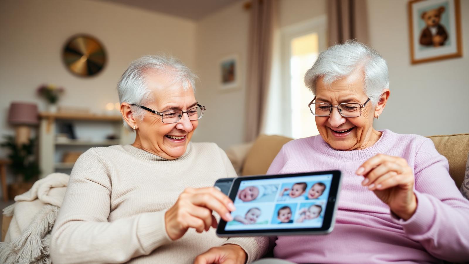 Deux grands-mères souriantes regardent ensemble des photos de bébé sur une tablette dans un salon lumineux.