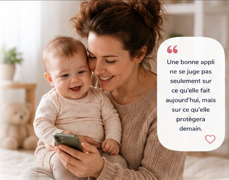 Une mère et son bébé regardant un smartphone, avec une citation sur la protection des souvenirs de demain.