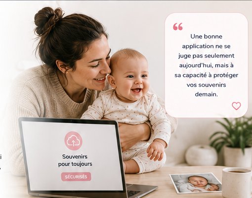 Une mère tenant son bébé devant un ordinateur portable affichant « Souvenirs pour toujours — sécurisés ».