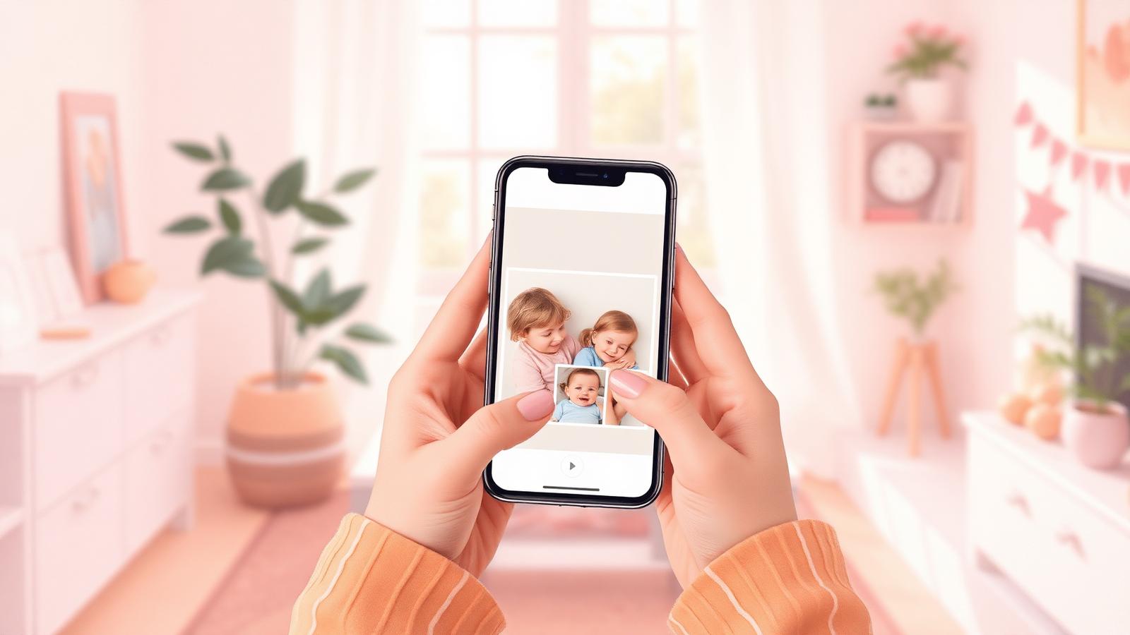 Les mains d'un parent tenant un téléphone affichant un album familial privé, dans un intérieur lumineux et chaleureux.