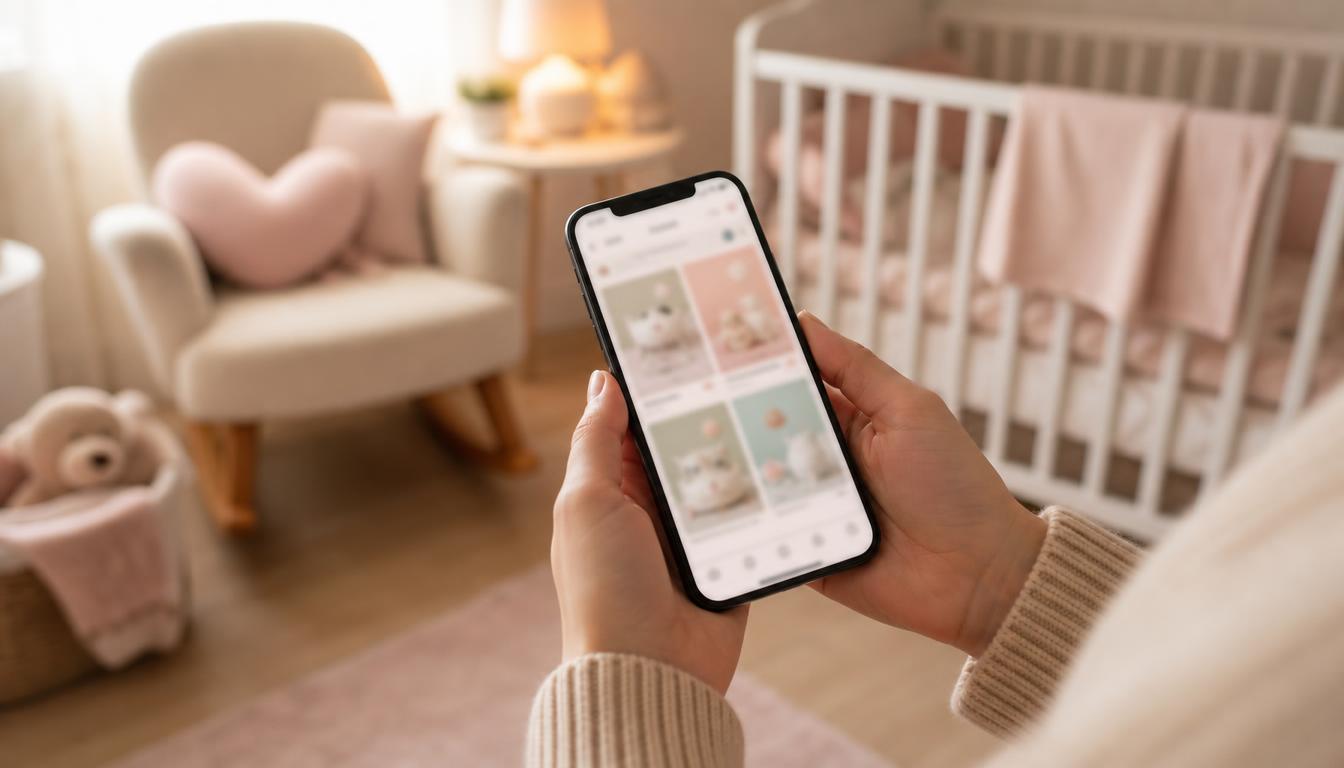 Un parent consulte sur son téléphone un album privé contenant les souvenirs de son bébé, partagé avec un cercle familial restreint.