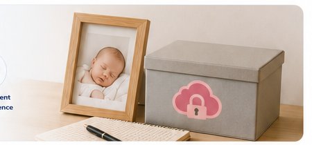 Une photo de bébé dans un cadre en bois posée sur un bureau à côté d'une boîte protégée par un cadenas rose.