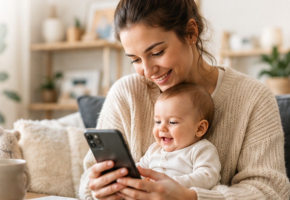 Une mère souriante regarde son bébé qui rit, en tenant un smartphone dans un salon lumineux.