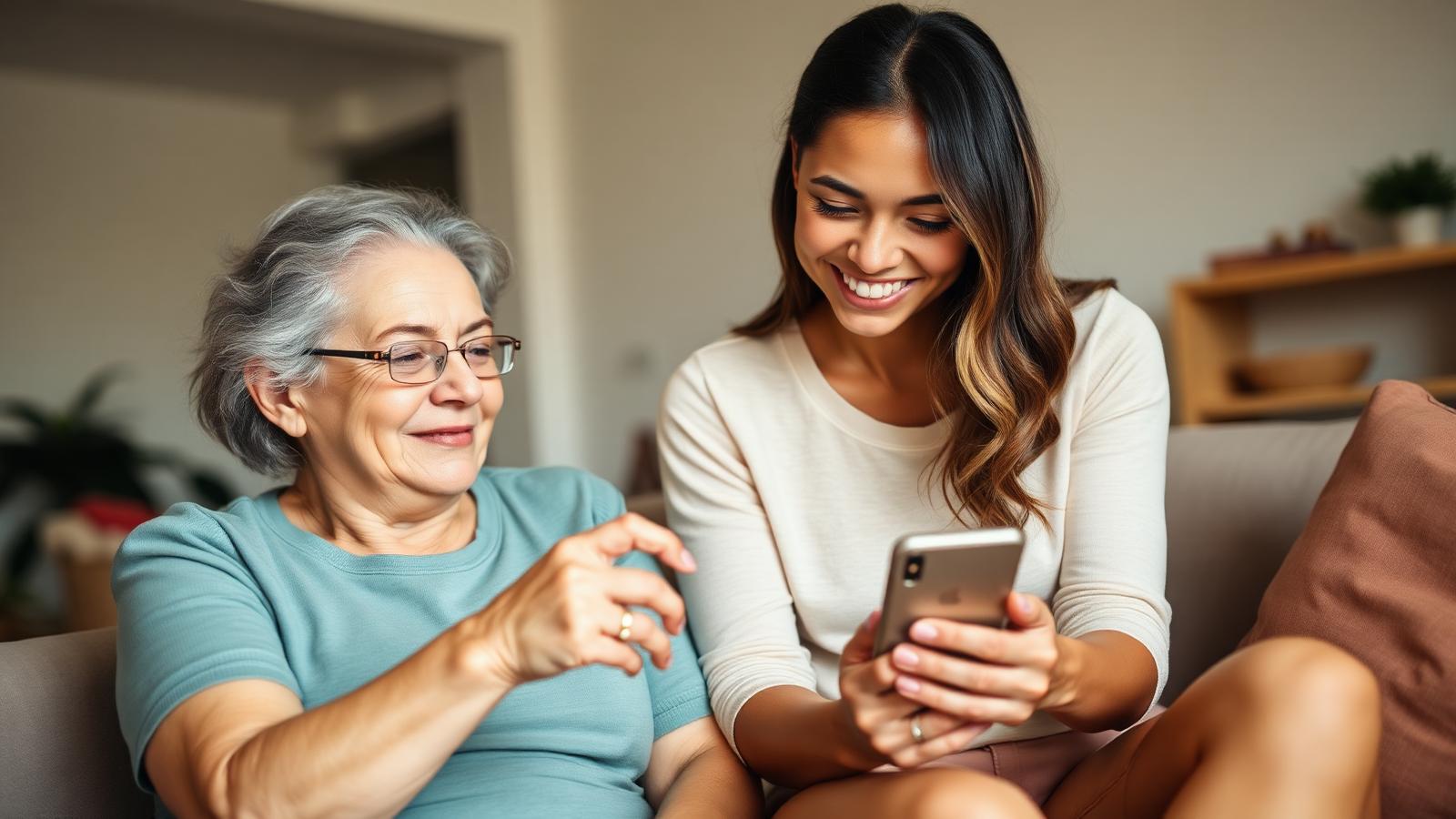Une jeune mère aide sa mère âgée à installer une application de photos sur un smartphone.