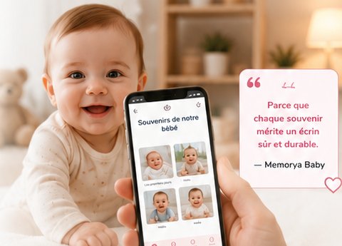 Parents et bébé regardant ensemble des photos sur une application familiale.