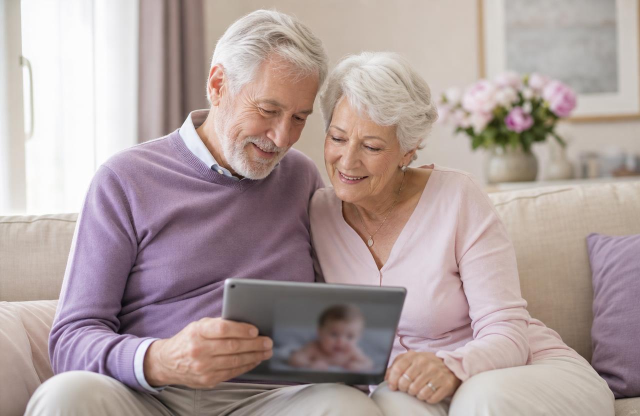 Un grand-père salue son petit-enfant lors d'un appel vidéo sur une tablette.