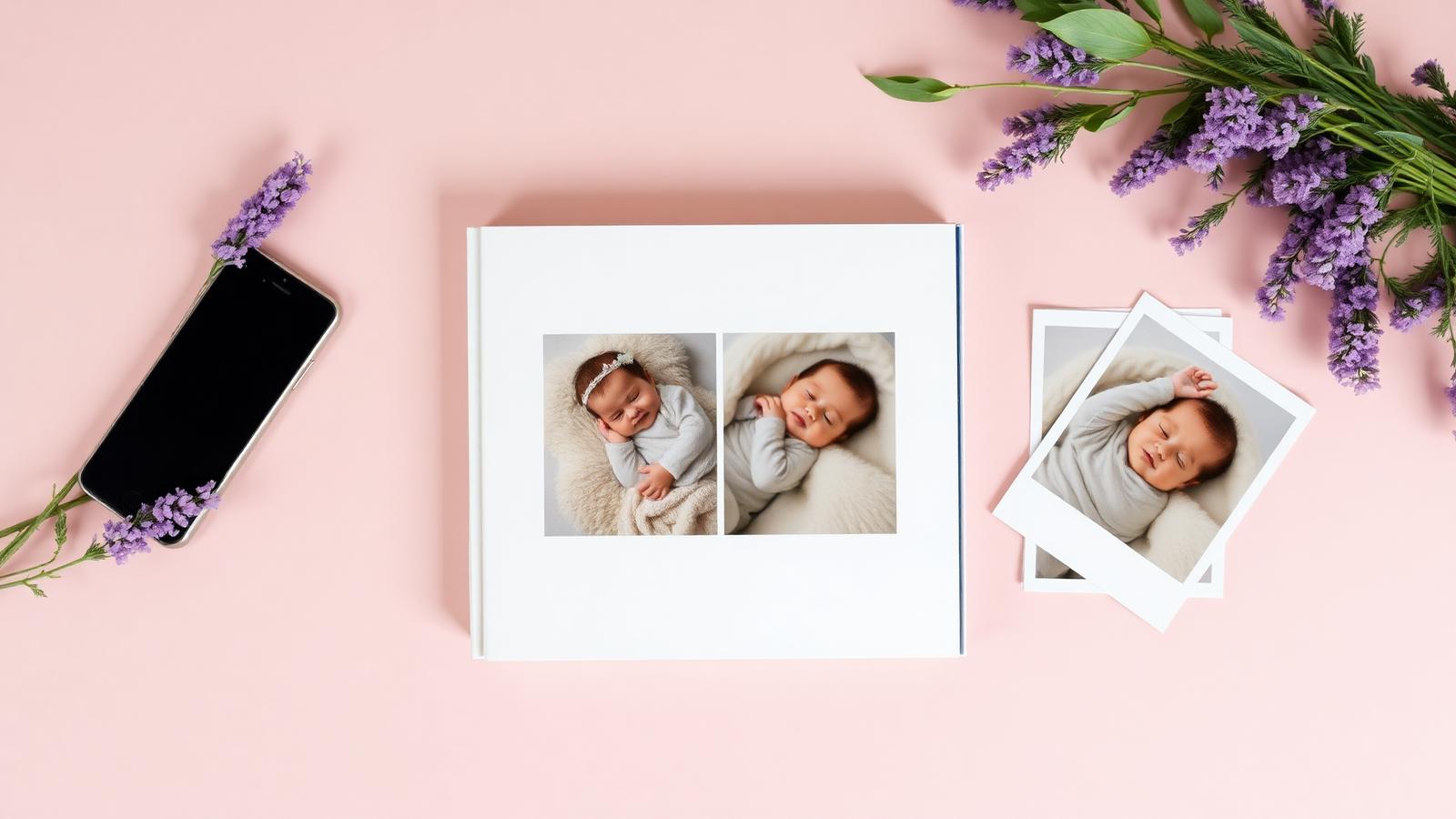 Un smartphone, un livre photo imprimé et des tirages de bébé posés sur une table rose pastel.