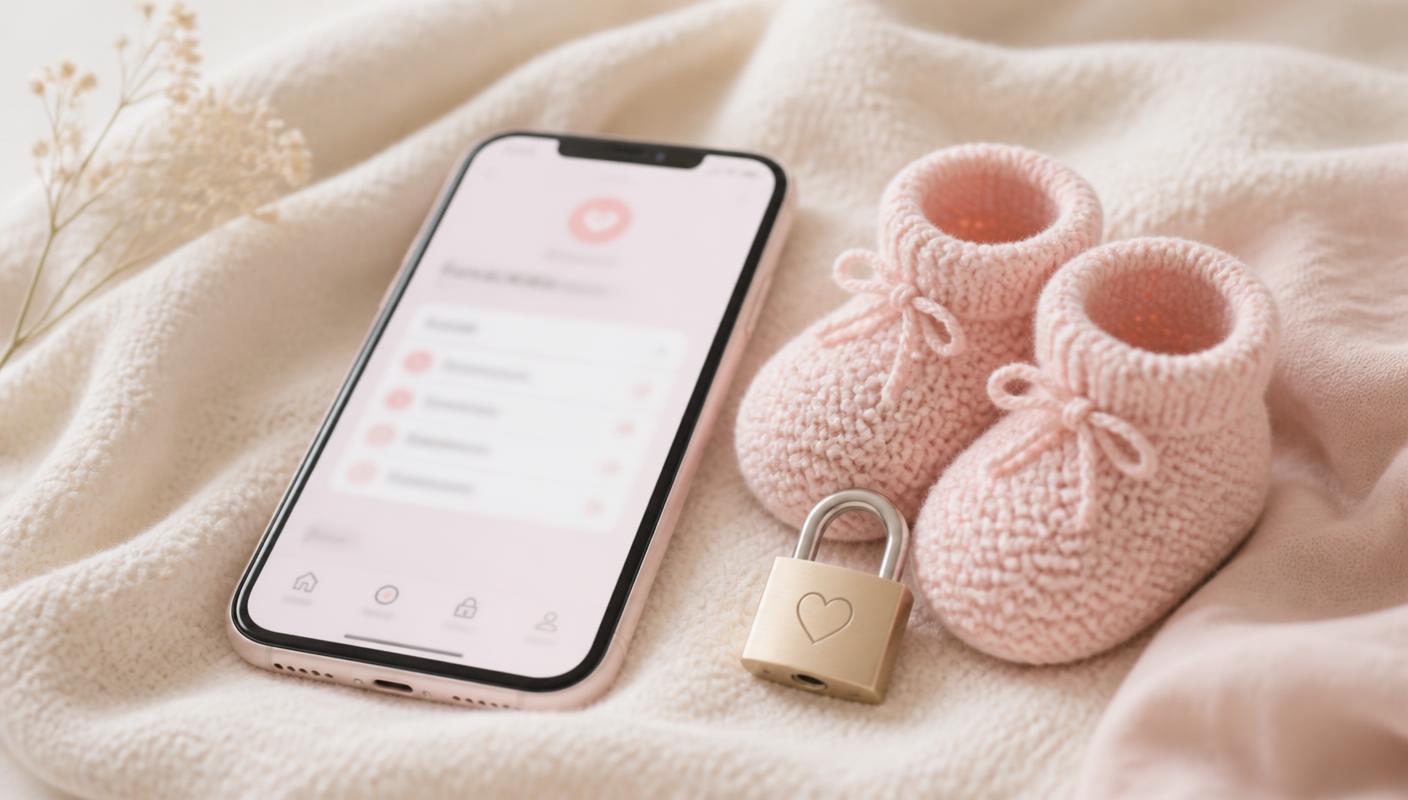 Smartphone posé près de chaussons de bébé et d'un cadenas, symbolisant le partage privé des photos.