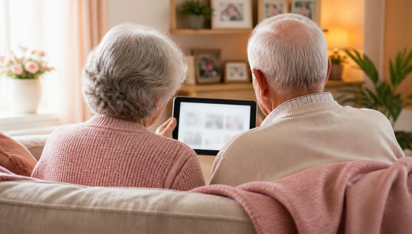 Un couple de grands-parents regarde ensemble un album photo familial sur une tablette.